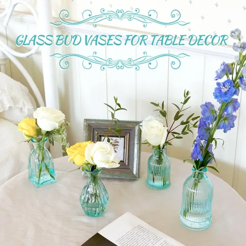 Miniatura 4 de Jarrones de Brotes a Granel 24, Jarrón de Vidrio Azul, Jarrones Pequeños para Flores, Jarrón Moderno de Vidrio Acanalado para Boda Florero de Azul
