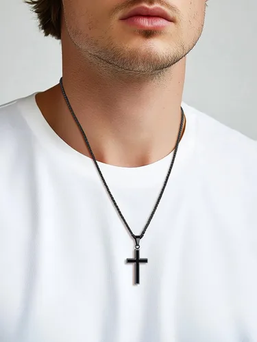 Miniatura 9 de U7 Collar de cruz simple para hombres y mujeres, acero inoxidable, plateado, negro, oro, cruz latina, colgante, grabable, longitud de 22 a 24