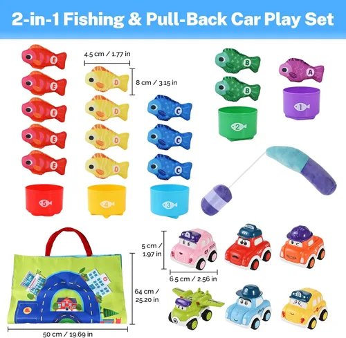 Miniatura 2 de Goldge Juguetes Montessori 2 en 1 para niños de 1 año - Juego de pesca para niños pequeños con tazas apilables y autos abatibles, juguete