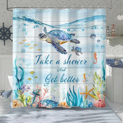 Miniatura 2 de Cortina de Ducha de Tortugas Marinas, Cortina de Baño Temática del Océano de Coral y Estrellas de Mar, Decoración de Baño de Vida Marina Submarina