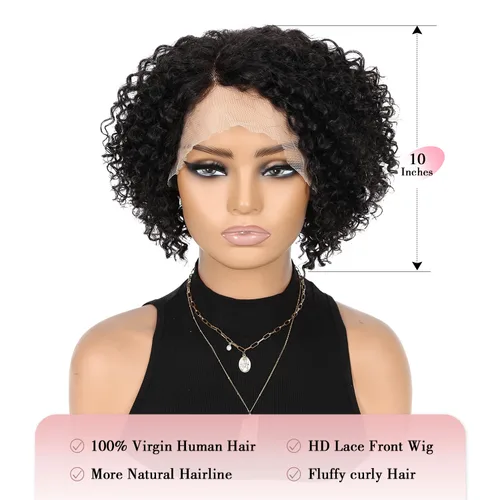 Miniatura 2 de Peluca de cabello humano corto con encaje frontal, rizada, sin pegamento, parte lateral, cabello humano virgen brasileño rizado con abuelitos