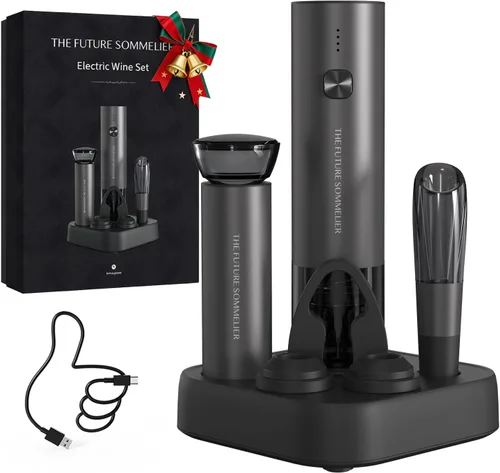 Miniatura 10 de CIRCLE JOY Juego de abridor eléctrico de botellas de vino de acero inoxidable, recargable, 8 en 1, juego de regalo de vino con base de carga, Plata