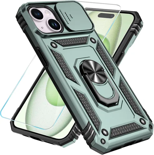 Miniatura 35 de SunStory Funda compatible con iPhone 15 con protector de pantalla HD, cubierta de cámara deslizante y soporte de anillo giratorio, [grado militar]