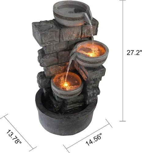 Miniatura 3 de Fuente de agua para exteriores de piedra apilada de 3 niveles, fuente de cascada independiente de 27 pulgadas con bomba incorporada, estación