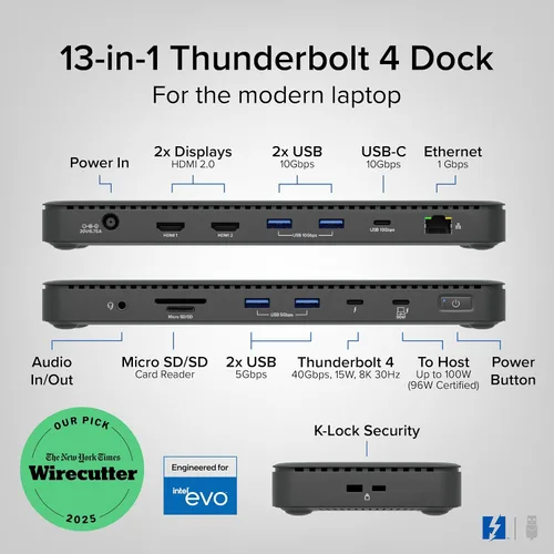 Miniatura 2 de Plugable Base de Conexión Thunderbolt 4 con Carga de 100W, Certificado Thunderbolt, Estación de Acoplamiento para Laptop con Monitor Dual Único 8K