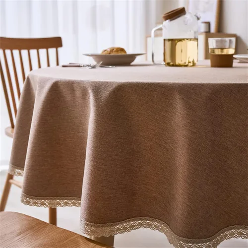 Miniatura 8 de Dimatic Mantel redondo con textura de lino con ribete de encaje, impermeable, a prueba de derrames, para decoración de mesa de cocina, comedor, Beige