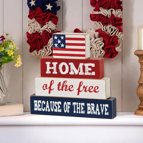 Miniatura 4 de Glitzhome Bandera estadounidense de 8 pulgadas de alto, decoración patriótica del hogar de los libres por el valor de madera para el 4 de julio, Día