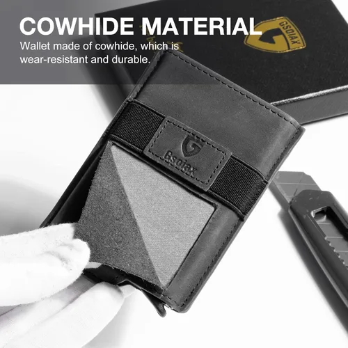 Miniatura 5 de GSOIAX Cartera delgada para hombre, piel auténtica, piel vacuna minimalista con bloqueo RFID y caja de regalo, Negro -, Slim