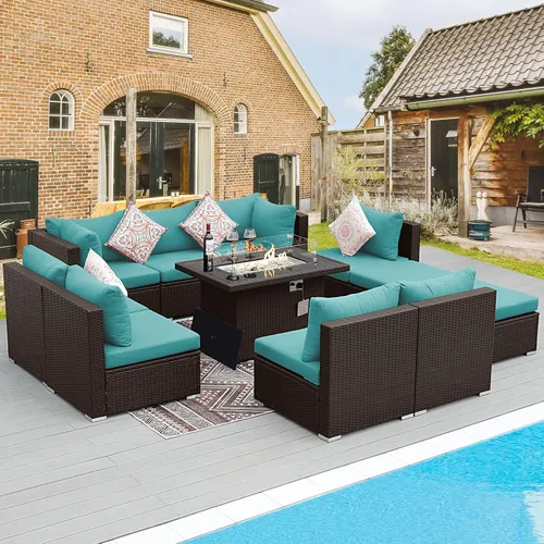 Miniatura 10 de BULEXYARD Juego de muebles de patio de respaldo alto de 7 piezas con mesa de fogata de combustible dual propano/gas natural, sofá seccional