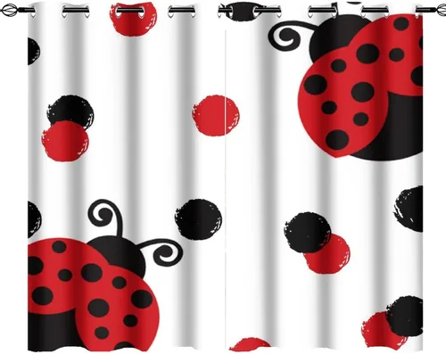 Miniatura 18 de Cortinas opacas de estilo japonés de mariquita de dibujos animados, diseño de eucalipto de mariquita roja y negra, juego de tratamiento de ventana