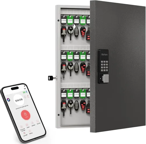 Miniatura 14 de Caja de 32 llaves con cerradura para llaves – Armario de llaves montado en la pared con doble cerradura (combinación de llave y 3 dígitos), estantes