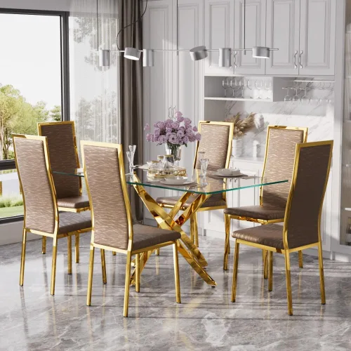 Miniatura 13 de Juego de mesa de comedor de cristal dorado moderno de 63 pulgadas para 6, juego de mesa de cocina rectangular de 7 piezas con patas de acero Negro