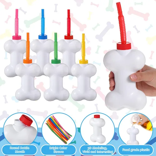 Miniatura 2 de Eaasty Juego de 24 tazas de hueso de perro con pajitas y tapas, de plástico de 10 onzas, reutilizables, con forma de hueso de perro, para niños