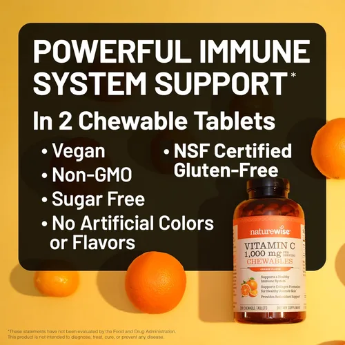Miniatura 4 de NatureWise Vitamina C masticable extra fuerte 1000 mg para adultos, sabor natural a naranja, sistema inmunológico y apoyo antioxidante, sin OMG