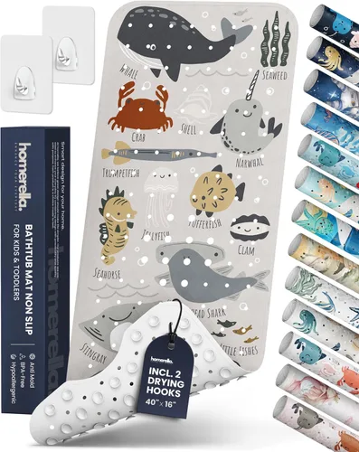 Miniatura 27 de Homerella - Alfombrilla de baño antideslizante y antideslizante para niños, 40 x 16 pulgadas, sin BPA, incluye 2 ganchos, tapete de ducha lavable
