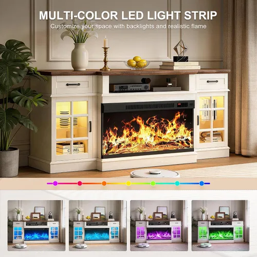 Miniatura 7 de MXV Soporte de TV con chimenea de 70 pulgadas, chimenea de vidrio de 3 lados y centro de entretenimiento moderno, consola multimedia de madera