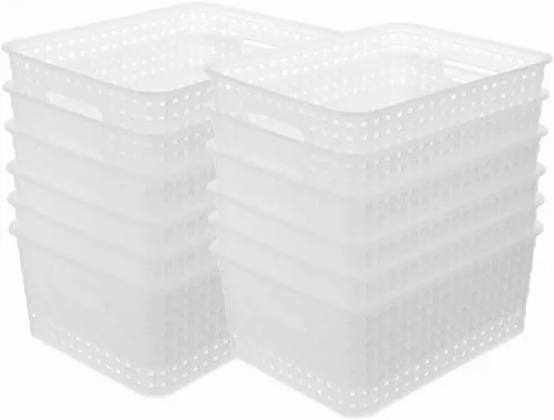 Miniatura 8 de Cestas de almacenamiento tejidas de plástico negro, paquete de 6 cestas de tejido organizador para cocina, oficina, baño