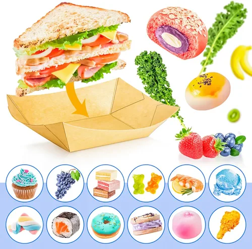 Miniatura 6 de Paquete de 120 bandejas de papel desechables de 2 libras de papel para barcos, bandeja de servir comida kraft, cestas para aperitivos, palomitas