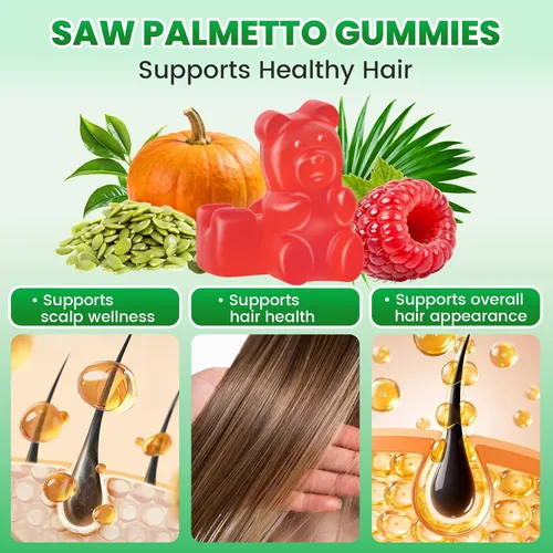 Miniatura 5 de Gomitas Saw Palmetto de 200 mg para hombres y mujeres, gomitas de aceite de semillas de calabaza con suplemento de palma enana americana para apoyo