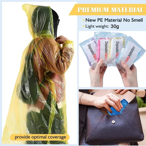 Miniatura 3 de Paquete de 12 ponchos de lluvia transparentes con capucha para adultos, familia, 3 colores, impermeables de emergencia de 51.1 pulgadas