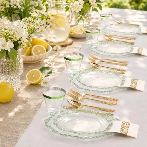 Miniatura 3 de PULOTE 175 platos de plástico verde – Plástico transparente con borde verde desechable – Incluye 25 platos de cada uno (cena y postre), 75