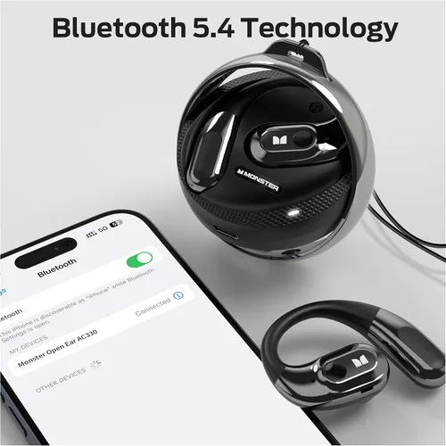 Miniatura 6 de Monster Audífonos de oreja abierta AC330, auriculares inalámbricos Bluetooth 5.4 con conversación clara, elegante funda giratoria con cordón, carga