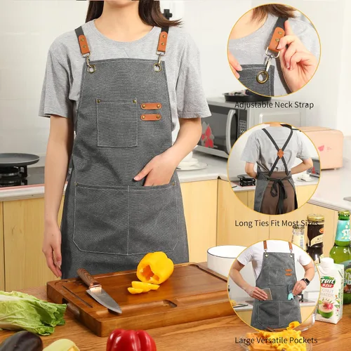 Miniatura 3 de Tosewever - Delantal de lona con espalda cruzada de chef de algodón para hombres y mujeres con bolsillos grandes Gris