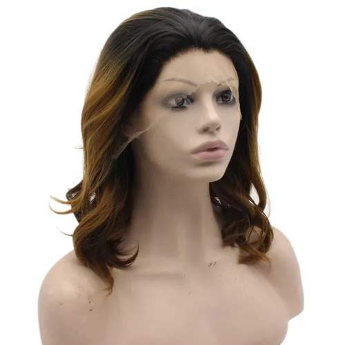Miniatura 2 de Mxangel - Peluca de encaje frontal suizo rubio ondulado medio largo con raíces negras, ombré