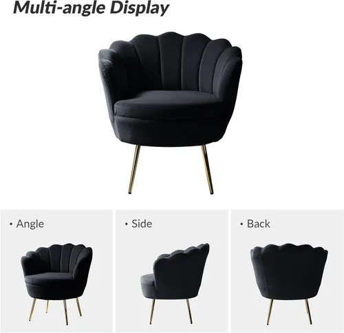 Miniatura 3 de HULALA HOME Silla decorativa moderna de terciopelo con respaldo en forma de concha, bonito sillón para sala de estar, dormitorio con patas doradas