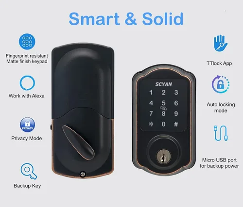 Miniatura 2 de SCYAN D1 - Cerradura de seguridad inteligente, cerrojo de seguridad con teclado de pantalla táctil, cerradura de puerta de entrada sin llave
