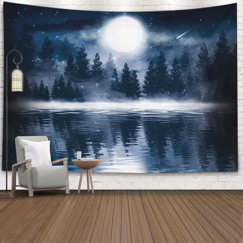 Miniatura 34 de EMMTEEY Tapiz de pared con bosque - Árbol de pino verde y niebla, arte de pared natural, 80x60 pulgadas, tapiz grande de estilo bohemio para sala