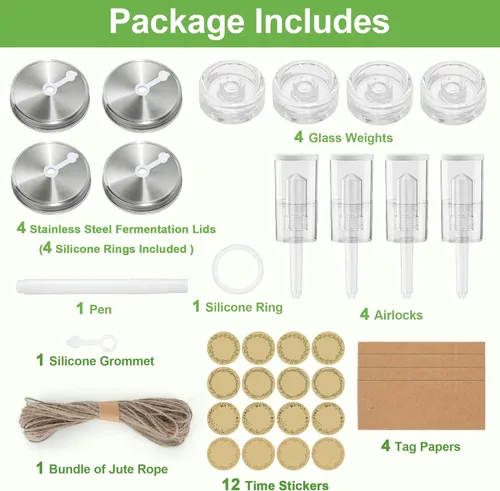Miniatura 8 de Paquete de 4 kits de fermentación para tarro Mason de boca ancha, incluye 4 pesos de fermentación de vidrio, 4 tapas de fermentación, 4 esclusas