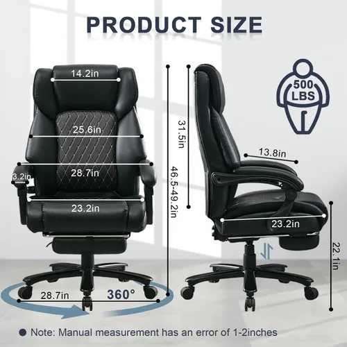 Miniatura 3 de Silla de oficina reclinable con reposapiés retráctil y soporte lumbar ajustable, capacidad de 500 libras para usuarios grandes y altos, silla