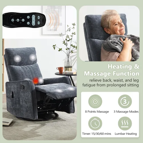 Miniatura 3 de cinkehome Silla Reclinable Mecedora Giratoria con Masaje y Calefacción para Guardería - Silla Reclinable de Espacio Pequeño con Soporte Lumbar, Giro