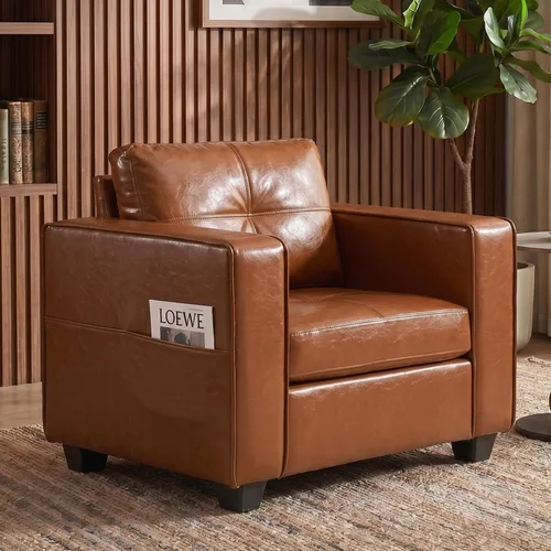 Miniatura 13 de TYBOATLE - Silla Accent cómoda de cuero sintético negro para sala de estar, silla de lectura extragrande con botones decorativos, estilo moderno