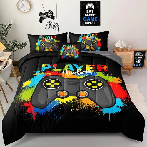 Juego de ropa de cama de 5 piezas con estampado de videojuegos tamaño individual para niños, niñas, adolescentes, ropa de cama de 5 piezas en una