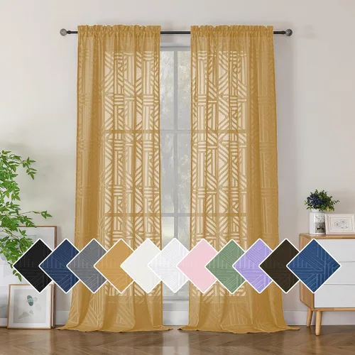 Miniatura 14 de Simplebrand Cortinas traslúcidas negras de cocina de 24 pulgadas de largo, 2 paneles, filtrado de luz, geométrico jacquard con textura, cortinas