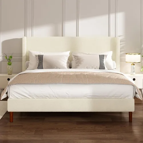 Miniatura 12 de Marco de cama Full Boucle, cama de plataforma con cabecera tapizada con respaldo de ala, fuerte soporte de listones de madera, sin ruido, no Beige