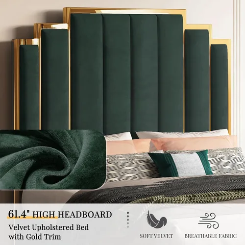 Miniatura 5 de Albott Marco de cama de plataforma tamaño Queen, cama tapizada de terciopelo de 61.4 pulgadas con cabecero de ribete dorado, listones de madera,