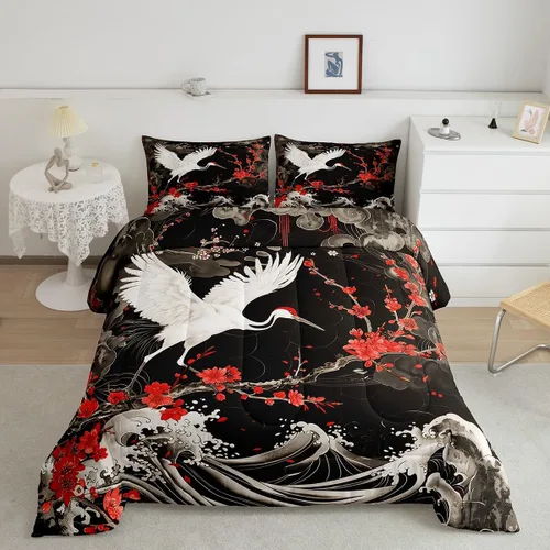 Manfei Juego de edredón de flor de cerezo para niños, tamaño individual, juego de ropa de cama de animales salvajes con grúa Ukiyo-e japonés,
