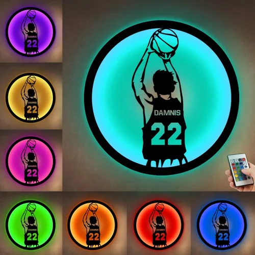 Miniatura 21 de Letrero de metal personalizado para jugador de baloncesto con luz LED, nombre y número personalizados, arte de pared de baloncesto, decoración