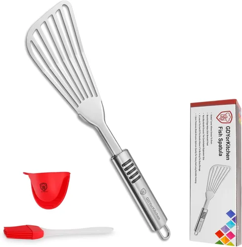 Miniatura 10 de Espátula de pescado de alta calidad, acero inoxidable resistente al óxido, mango antideslizante, ideal para asar a la parrilla, freír, girar