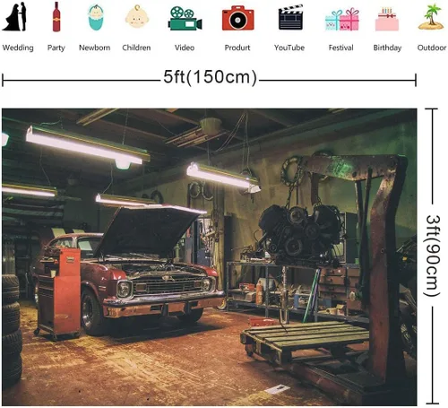 Miniatura 2 de Fondos de garaje antiguos para fotografía de 5 x 3 pies, fondos de reparación de automóviles temáticos para fiesta de fotos y accesorios de estudio