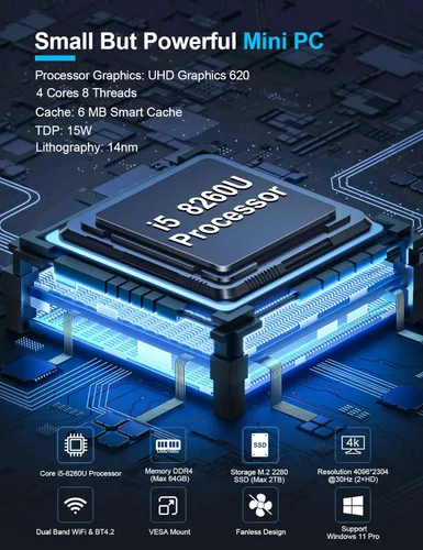 Miniatura 2 de Baieyu Computadora industrial sin ventilador Core i5-8260U, mini PC sin ventilador Windows 11 Pro 16 GB RAM DDR4 512 GB SSD, 2 puertos HD, 2 × RS232