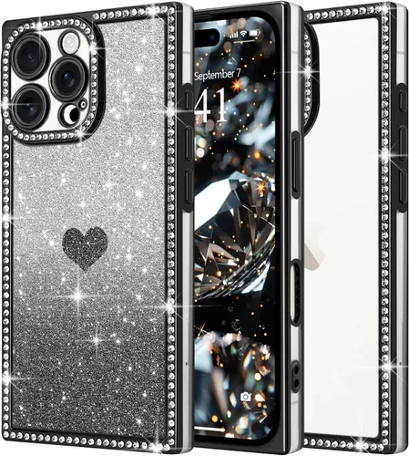 Miniatura 16 de Funda para iPhone 13, funda de diamantes de imitación de lujo con patrón de corazón de amor de cristal [papel con purpurina extraíble], parachoques