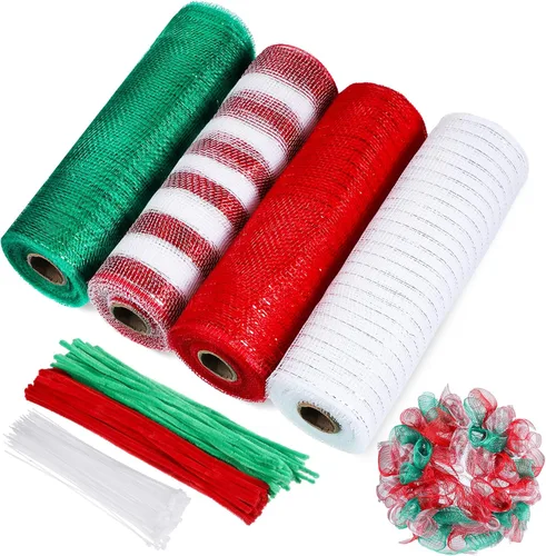 Miniatura 8 de Funtery 4 Rollos de 40 Yardas de Cinta de Malla Decorativa de Navidad, Cinta de Malla Decorativa con Tallo de Chenilla y Abrazaderas de Plástico