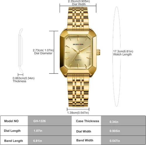 Miniatura 4 de GOLDEN HOUR Reloj rectangular de cuarzo para mujer, correa de acero inoxidable en tono dorado