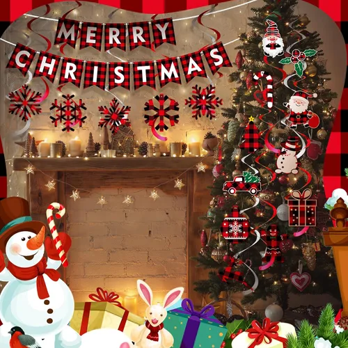 Miniatura 5 de Epakh 34 piezas de remolinos colgantes de Navidad, espirales colgantes de Navidad, remolinos de búfalo a cuadros, pancarta de Navidad para colgar