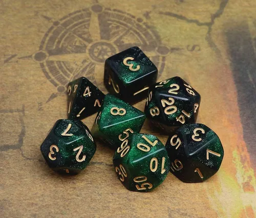 Miniatura 4 de Juego de dados poliédricos DND con brillo para juegos de rol de mazmorras y dragones (D&D) RPG, dados verdes mezclados con nebulosa negra