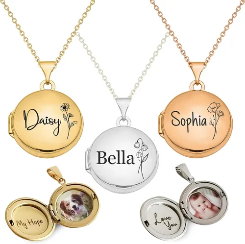 TwentySixty Collar con medallón de círculo personalizado para mujeres niñas niños sostiene fotos flor de nacimiento personalizada y grabada collar